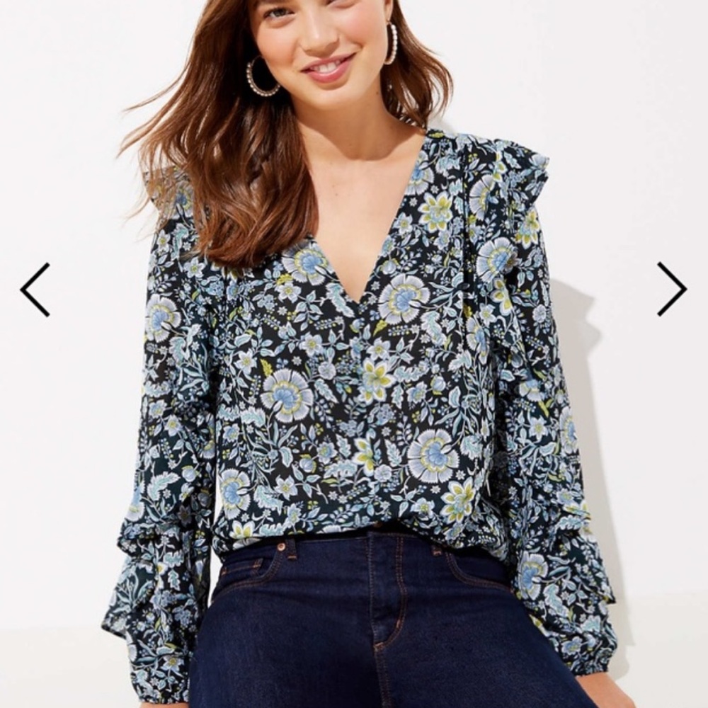 Ann Taylor Loft Ruffle Sleeve Blue Floral Paisley Blouse S